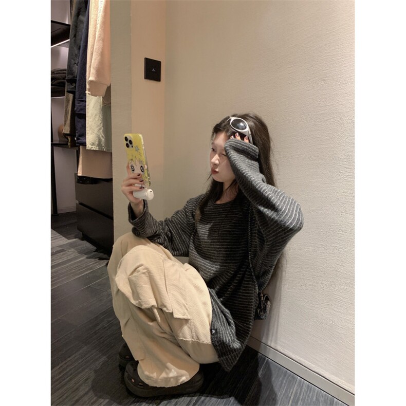 现货慵懒风条纹长袖t恤男女秋冬季休闲上衣Z160-P35特批,男装T恤,电商C233B