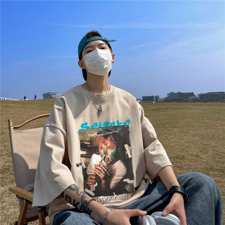欧美潮牌油画t恤男设计感小众美式高街短袖oversize情侣装七分袖,男装T恤,星座508（原C305）