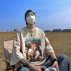 欧美潮牌油画t恤男设计感小众美式高街短袖oversize情侣装七分袖，男装T恤，星座508（原C305）