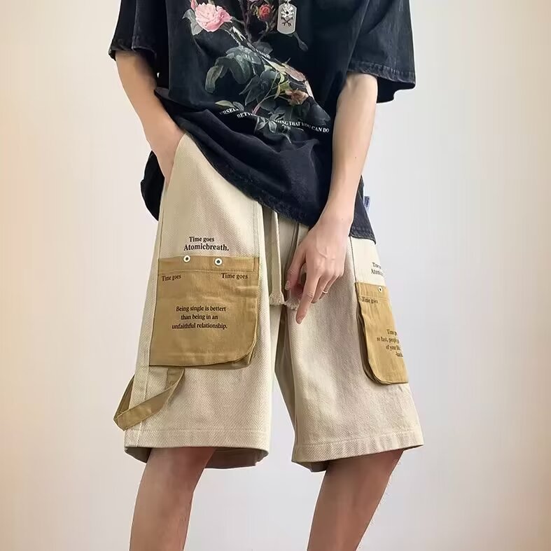 撞色口袋工装短裤男士夏季潮牌宽松直筒裤情侣百搭五分裤子,男装牛仔裤,星座410-7