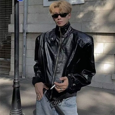 复古PU皮机车夹克男士短款早秋季宽松廓形宽垫肩立领皮衣工装外套，男装夹克，星座506A