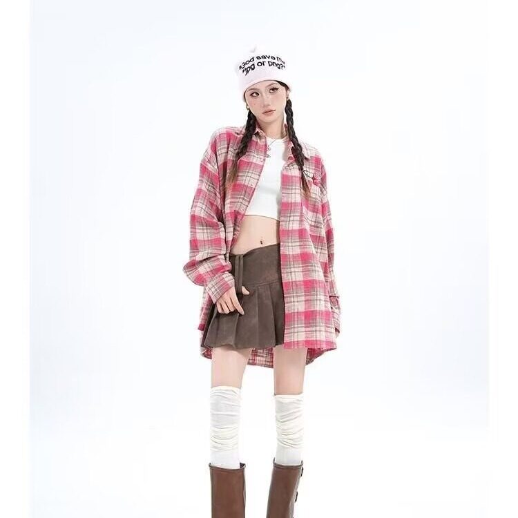 无品牌美式格子衬衫男女装长袖春秋季新款宽松毛边外套上衣2025年,男装衬衫,星座1210-1