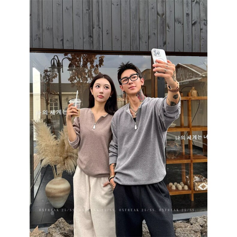 法式复古V型翻领POLO针织衫男女2025秋装新款气质长袖T恤宽松上衣,男装T恤,星座506A