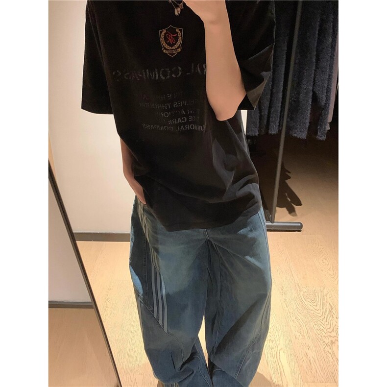 美式条纹弯刀阔腿牛仔裤男女秋季街头宽松百搭拖地长裤AMG206P56,男装牛仔裤,星座1013-5