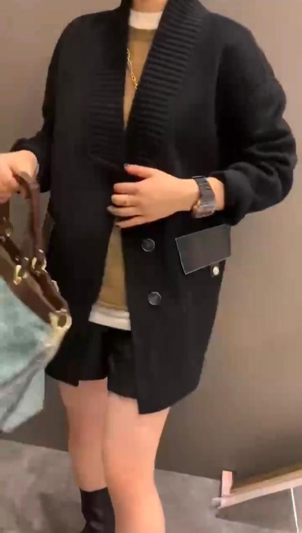 2022新款休闲V领拼毛线羊毛双面呢大衣,女装其它,L·H·X