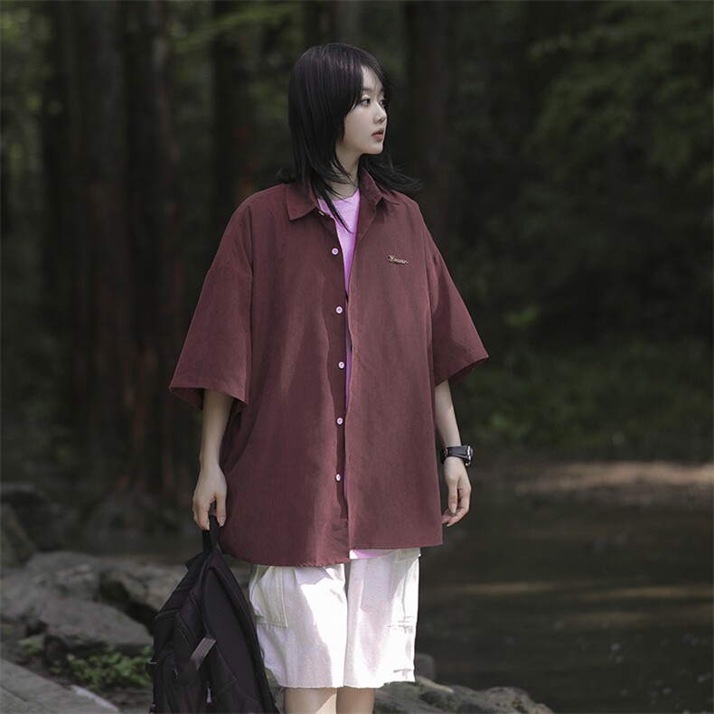日系新款复古纯色短袖衬衫男女同款夏季宽松休闲情侣衬衣,男装衬衫,星座410-6（原星座1304-1）