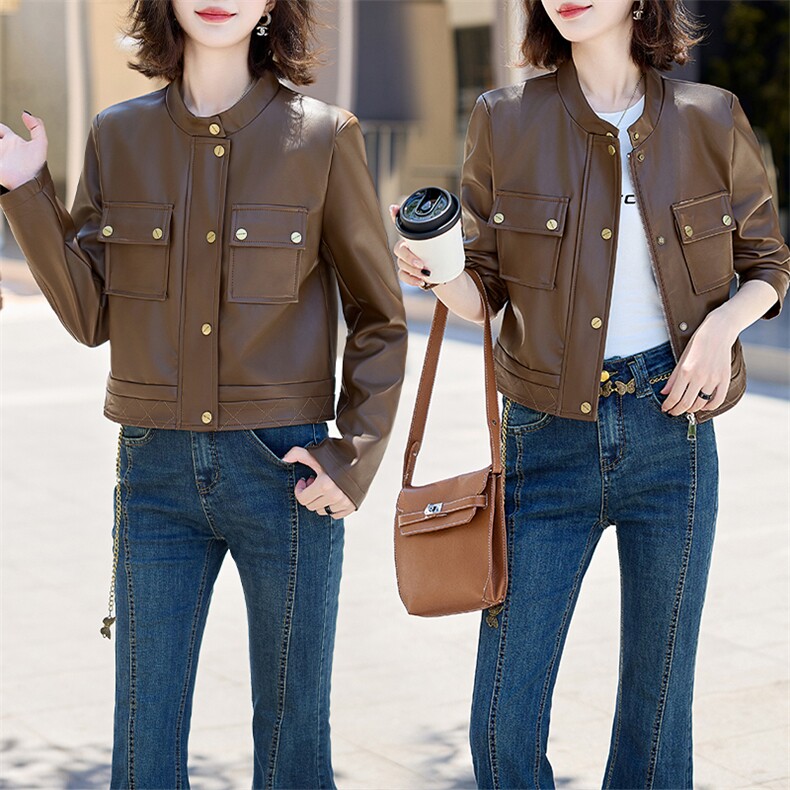 现货美拉德小香风褐色仿羊皮衣外套女2024秋装新款精致职场通勤，女装皮衣，跑量工厂店