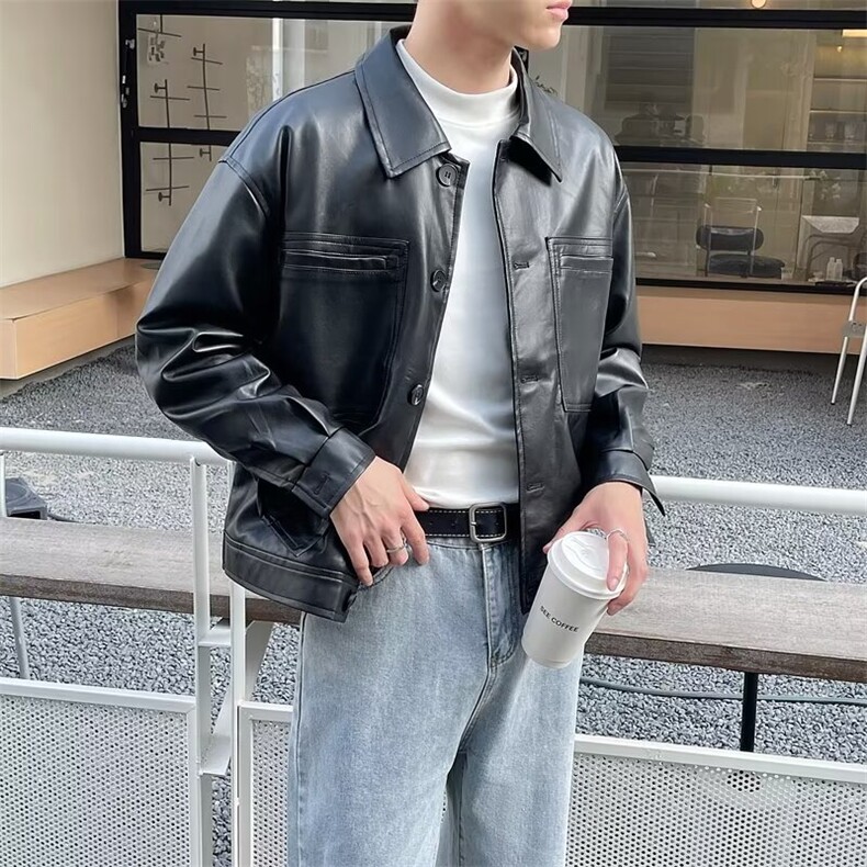 复古宽松短款PU皮衣外套男痞帅上衣春秋季翻领机车休闲夹克JKA15,男装夹克,星座1116A-2（原606A-1）