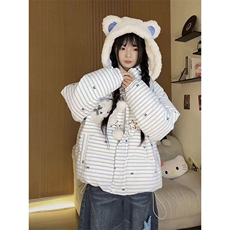 小众不撞款小熊条纹连帽毛毛棉服女保暖百搭宽松学生面包服外套，男装棉衣，星座1210-1
