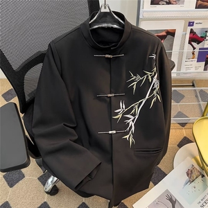 新中式复古立领翠竹风西服外套男小众金属飞机扣装饰上衣XY688图片