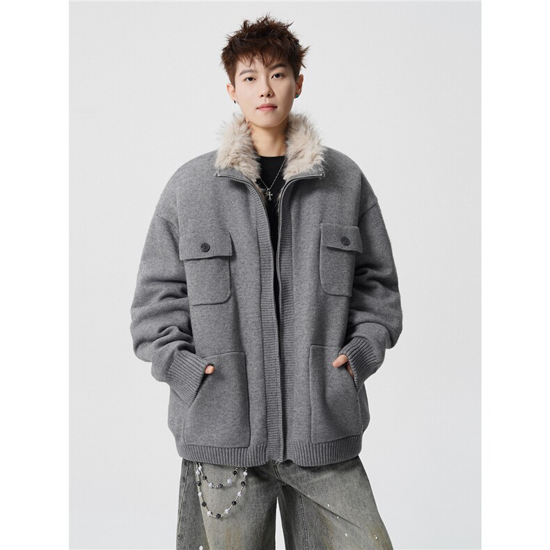 现货高品质加绒加厚座山雕毛领外套冬季针织衫保暖棉服特P160,男装针织衫/毛衣,电商D205