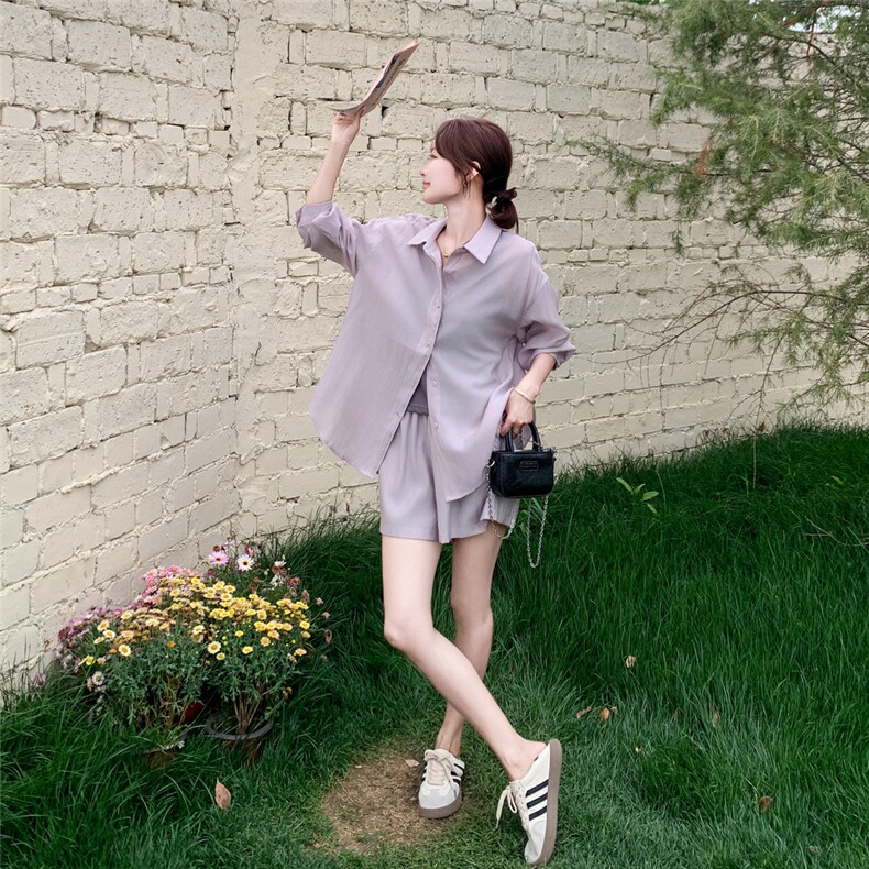 甜美浅紫色轻薄防晒衬衫短裤套装女夏2025新款小个子巨好看两件套,女装套装/套裙,2C176