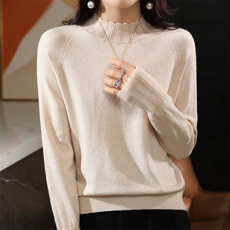 2025年春高级感蕾丝花边半高领针织衫女新款木耳边打底衫内搭毛衣，女装针织衫/毛衣，奥千羊绒