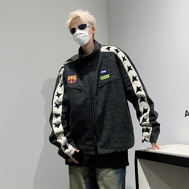 港风秋款男皮夹克条纹五角星机车工装拉链勋章短裤外套JK67P80,男装夹克,星座1013-1