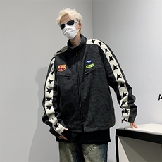 港风秋款男皮夹克条纹五角星机车工装拉链勋章短裤外套JK67P80，男装夹克，星座1013-1
