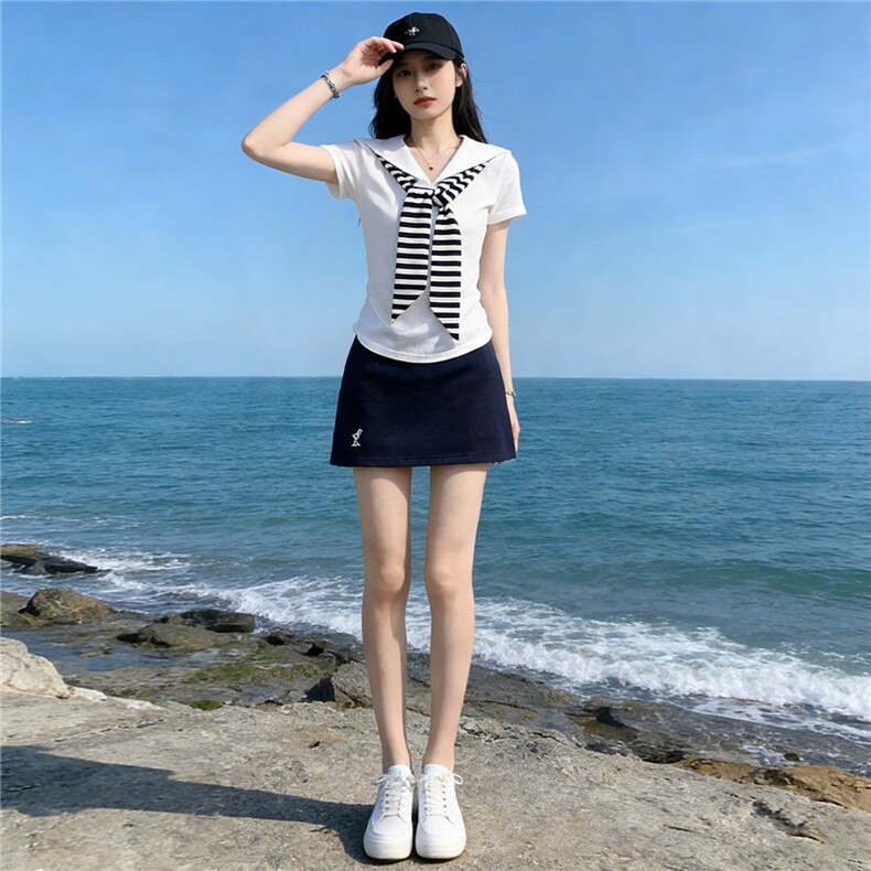 女夏时尚洋气套装裙修身减龄翻领设计感甜美蝴蝶结短袖短裙两件套,女装套装/套裙,江南