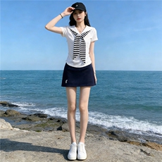 女夏时尚洋气套装裙修身减龄翻领设计感甜美蝴蝶结短袖短裙两件套，女装套装/套裙，江南