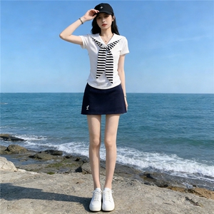 女夏时尚洋气套装裙修身减龄翻领设计感甜美蝴蝶结短袖短裙两件套图片