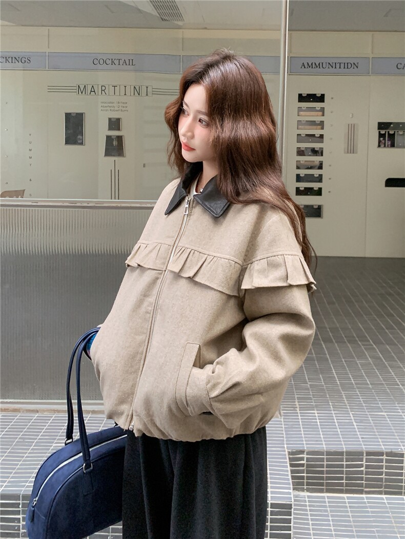 现货新款韩版时尚宽松休闲荷叶边羽绒服90绒外套女减龄白鸭绒上衣,女装派克服,韩然一族