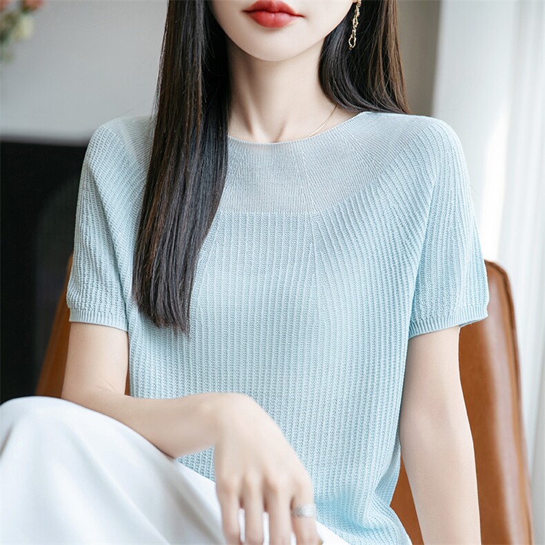 圆领短袖t恤女2025夏季新款洋气漂亮独特上衣高级感针织纯色半袖,女装T恤,菲奥羊绒