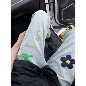 高街头设计感刺绣牛仔裤男春秋款嘻哈宽松休闲水洗直筒裤 NZ796图片