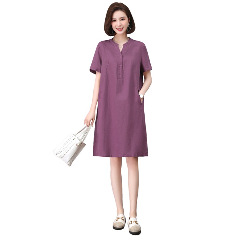 时尚显瘦棉麻立领连衣裙夏季新款宽松大码女装裙子,女装连衣裙,文熹诺