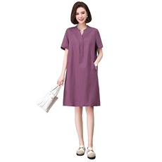 时尚显瘦棉麻立领连衣裙夏季新款宽松大码女装裙子，女装连衣裙，文熹诺