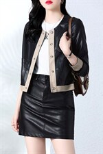 现货主推2022年秋季新款修身显瘦显高拼接皮衣外套女，女装皮衣，江南女神