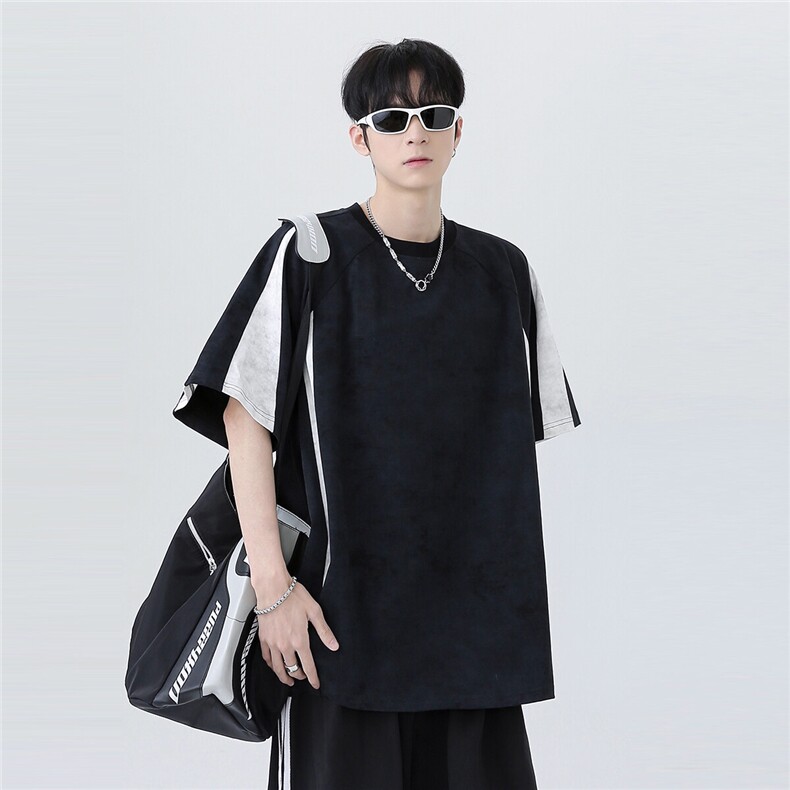 高街撞色拼接时尚脏脏灰百搭美式复古日系潮牌短袖T909-P35,男装T恤,电商C307