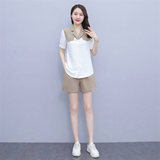 两件套2023夏季新款质感撞色拼接衬衫裤子套装女，女装套装/套裙，雅佳俏