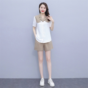 两件套2023夏季新款质感撞色拼接衬衫裤子套装女图片