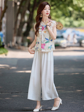 绝美新中式轻国风套装女夏季高级感时尚洋气减龄显瘦阔腿裤两件套，女装套装/套裙，木橙西子