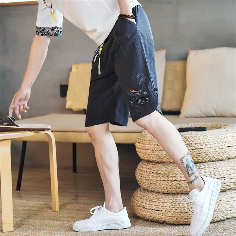 夏季棉麻风麒麟刺绣五分裤男装短裤直筒盘扣A266-1-K53-P40,男装休闲裤,电商A266-1