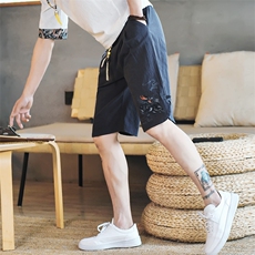 夏季棉麻风麒麟刺绣五分裤男装短裤直筒盘扣A266-1-K53-P40，男装休闲裤，电商A266-1