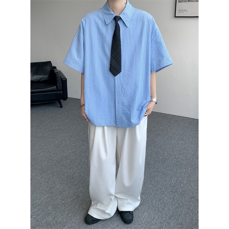 学院风jk领带条纹短袖衬衫大码休闲上衣高级感半袖衬衣DC5010/P55,男装衬衫,电商B238