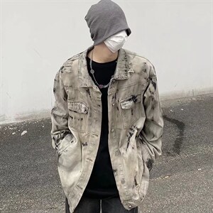 欧美高街做旧扎染牛仔夹克男ins超火炸街痞帅情侣休闲外套J842-68图片