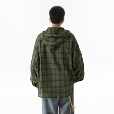 夏季连帽格子防晒衬衣男宽松美式痞帅休闲情侣长袖衬衫P50控78，男装防晒衣，星座516