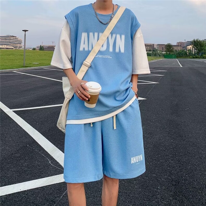 冰丝华夫格假两件套装TZ222P40,男装休闲套装,星座1116-2