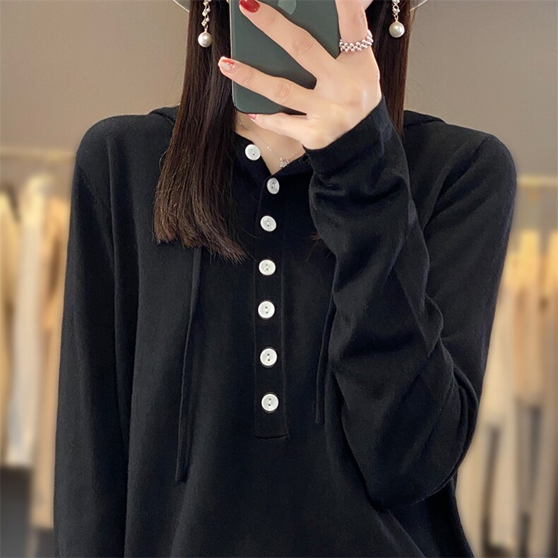 2025春秋新款连帽羊毛衫女宽松休闲针织毛衣半开领套头帽衫打底衫,女装羊毛衫,优麦羊绒（原洪叶羊绒）