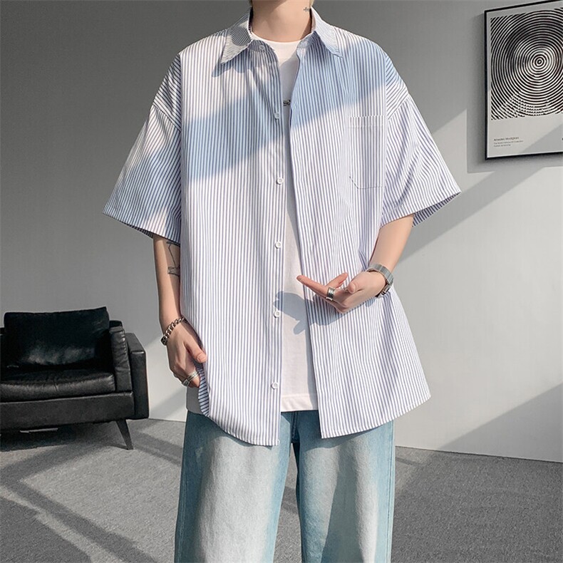 8XL-M条纹短袖衬衫男夏季宽松慵懒风痞帅大码衬衣外套DC28001P40,男装衬衫,电商B312