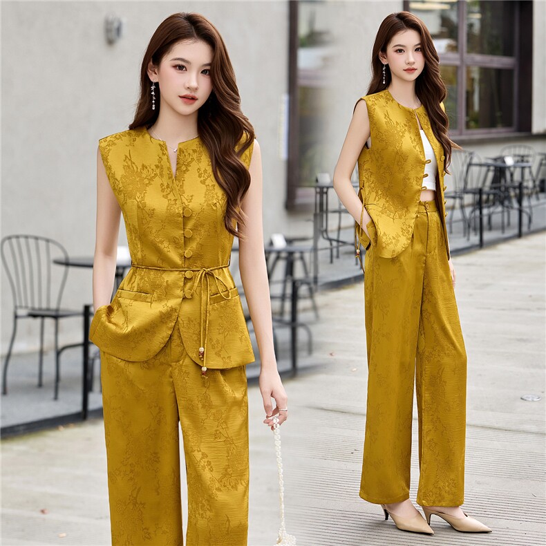 现货新中式轻熟气质优雅2026夏季新款高级感印花阔腿裤两件套，女装套装/套裙，火爆靓佳人