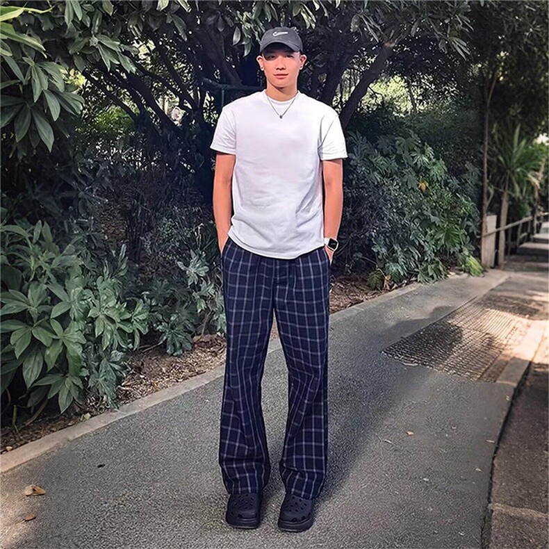 美式格子裤子男夏季微喇弯刀裤子提档直筒休闲运动裤LA1111-P41，女装休闲裤，星座1008