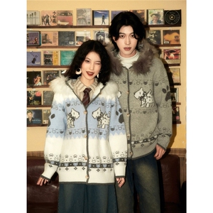 网图情侣毛领提花连帽针织开衫弗尔岛小狗毛衣 A025-WM1927-P88图片