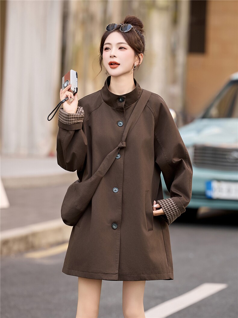 风衣女中长款2025秋季新款今年流行爆款巨好看的韩系休闲立领外套,女装风衣,牡丹诺