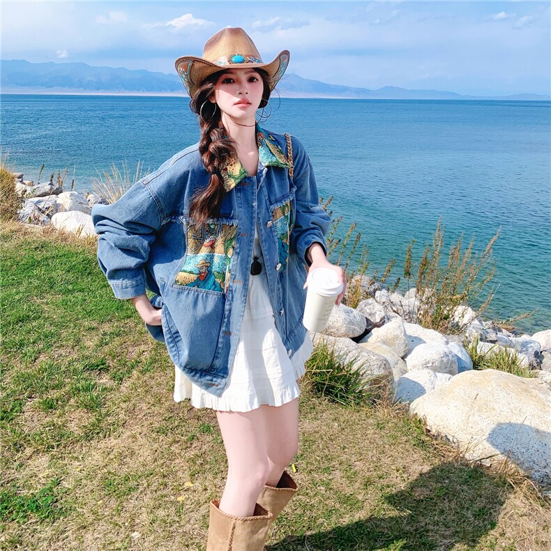 撞色油画碎花牛仔短外套女春秋2025新款巨好看百搭设计感超火上衣,女装短外套,2C375