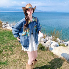 撞色油画碎花牛仔短外套女春秋2025新款巨好看百搭设计感超火上衣，女装短外套，2C375
