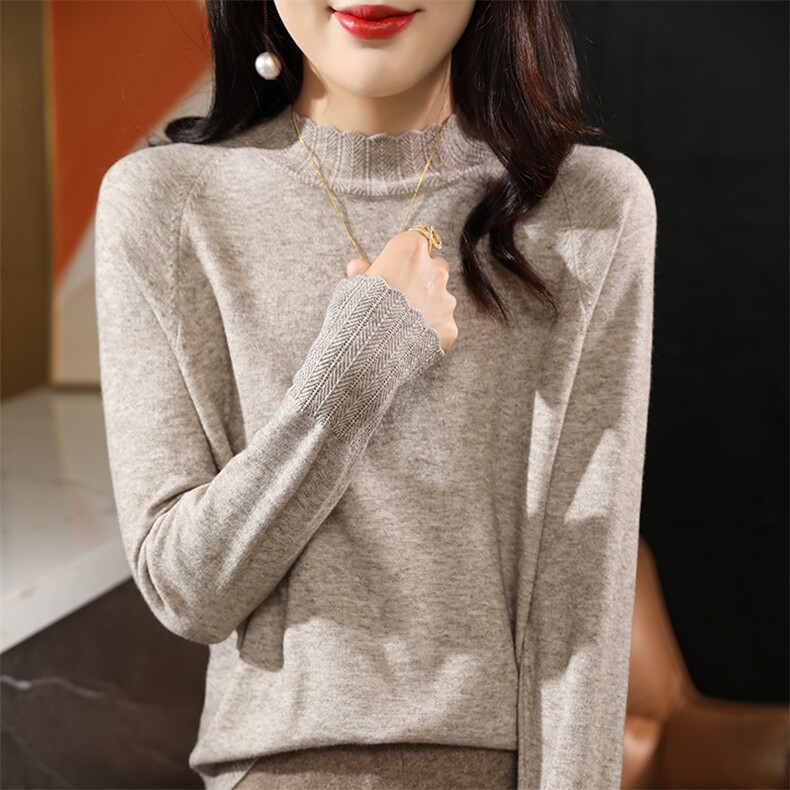 2025年春高级感蕾丝花边半高领针织衫女新款木耳边打底衫内搭毛衣,针织衫/毛衣,奥千羊绒