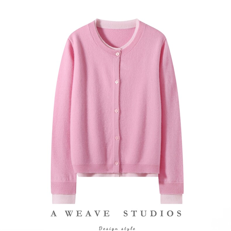 2025舒适百搭简约秋冬新款假两件拼色羊绒开衫，女装羊绒衫，朵暖羊绒