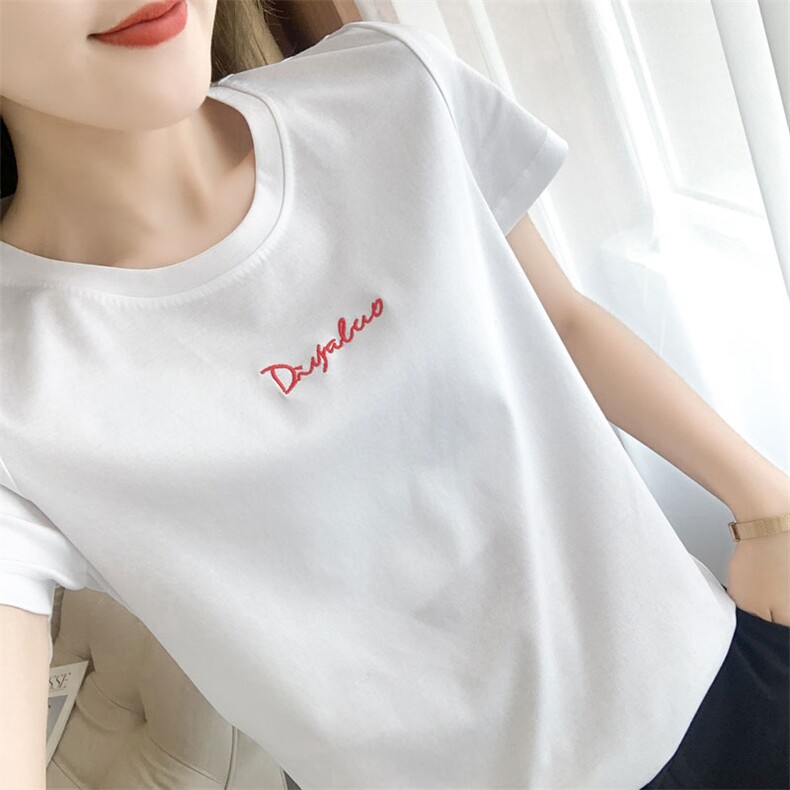 夏季圆领短袖女短款丝光棉t恤宽松韩版字母刺绣精梳纯棉体恤上衣，女装T恤，元素羊绒