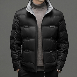 冬季立领商务休闲皮羽绒服男装白鸭绒加厚保暖外套中年男士上衣男图片